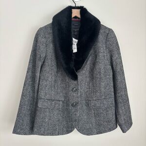 NWT Talbots Aberdeen Faux Fur Collar Wool Herringbone Blazer 12P